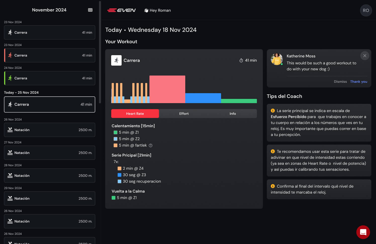 EVEN Labs desktop planning view showing a workout list and coach messaging