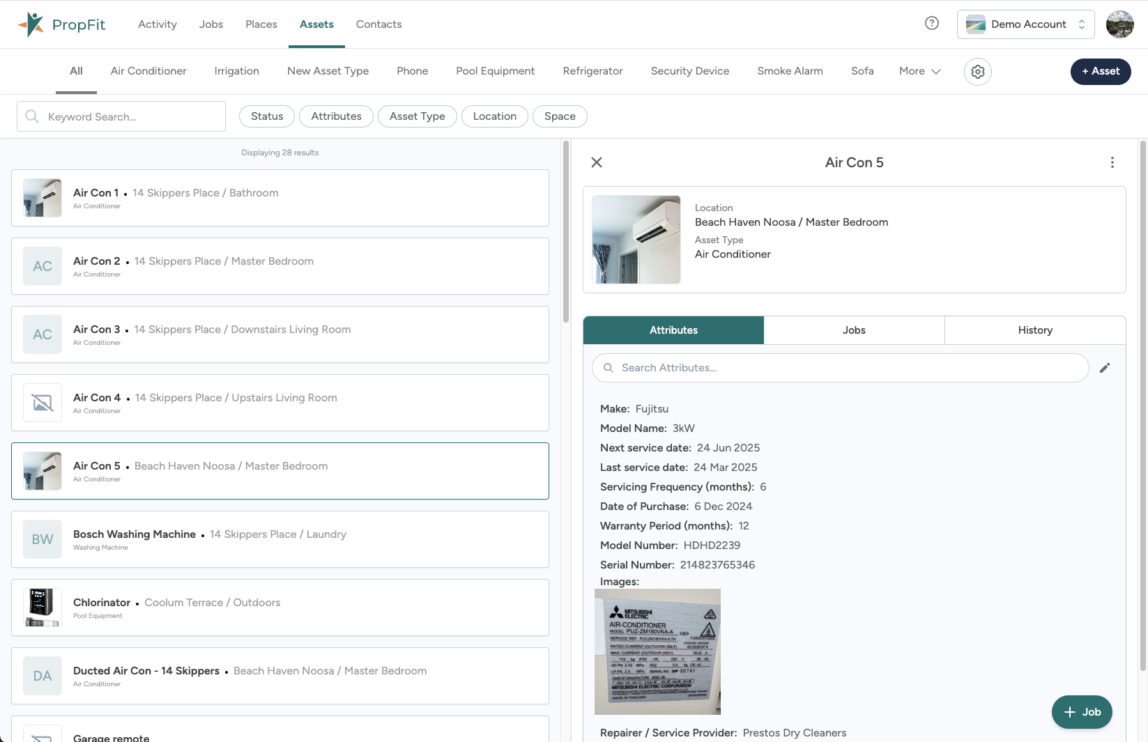 PropFit desktop interface showing asset management views